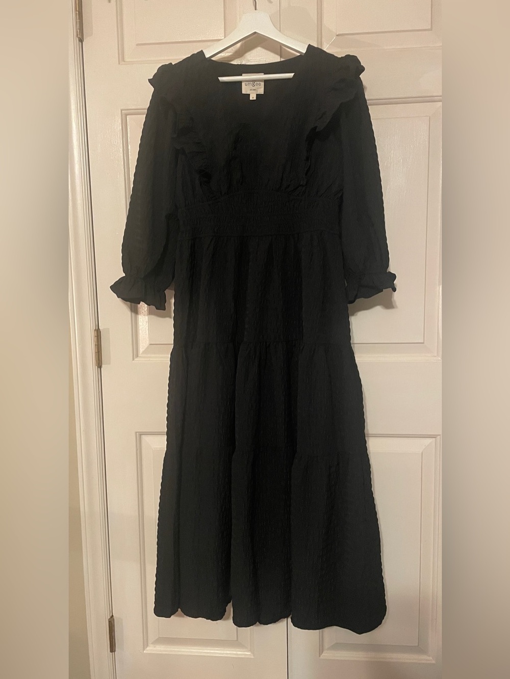 Umgee Black Tiered Midi Dress with Ruffles & Smocked Waist | Boho Chic, Cottage
